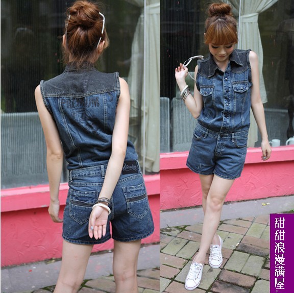 2013 summer women's c8629 casual all-match fashion print blue jumpsuit shorts