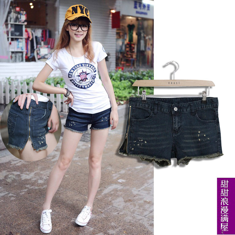 2013 summer women's c9209 casual all-match fashion side zipper flash denim shorts