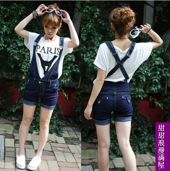 2013 summer women's c9223 casual fashion all-match Dark Blue denim bib pants shorts