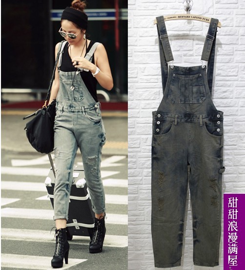 2013 summer women's c9231 casual fashion all-match large pocket denim bib pants trousers