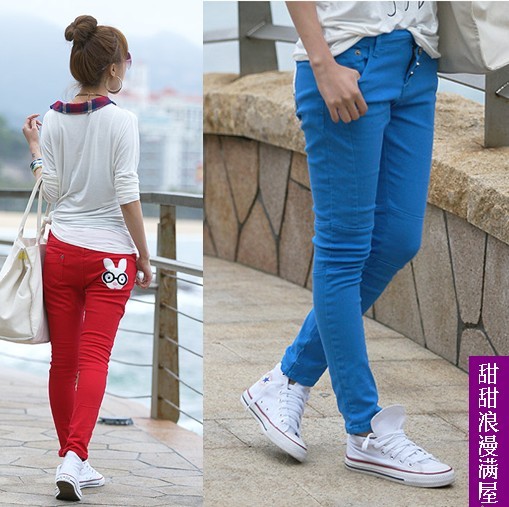 2013 summer women's casual personality 375900 cartoon rabbit denim pencil pants trousers