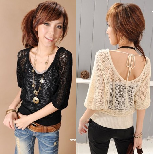 2013 summer women's double 9327 V-neck cutout sweater batwing sleeve sweater