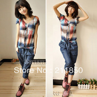 2013 summer women's fashion casual short-sleeve plaid jumpsuit hot sale