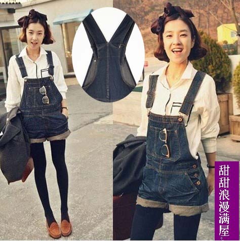 2013 summer women's fashionable casual 875866 water wash roll up hem denim suspenders shorts