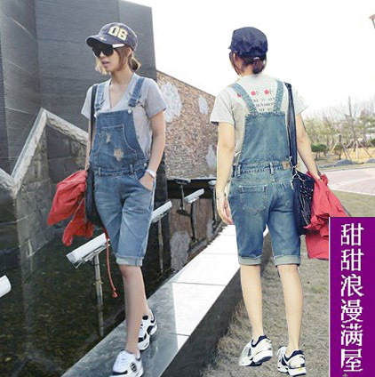 2013 summer women's h9789 casual water wash distrressed blue denim bib pants capris