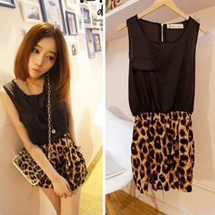 2013 Summer Women's Leopard Shorts Chiffon Tops Sleeveless Jumpsuit Fashion Ladies Dress For Work