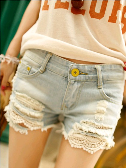 2013 summer women's light color department of lace worn denim shorts