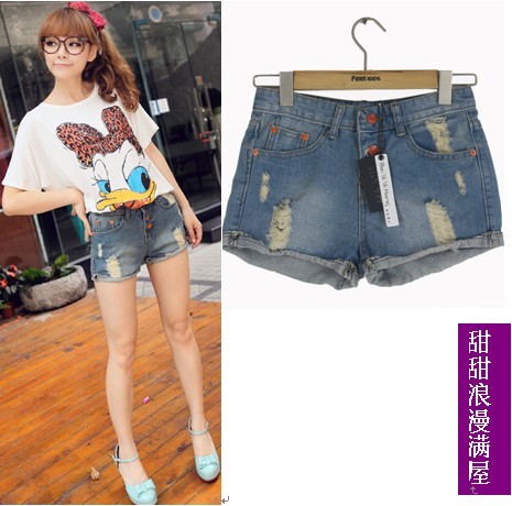 2013 summer women's orange button 3787310 retro finishing distrressed roll-up hem denim shorts