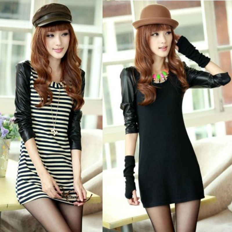 2013 summer women's patchwork leather women's long-sleeve slim one-piece dress a3349