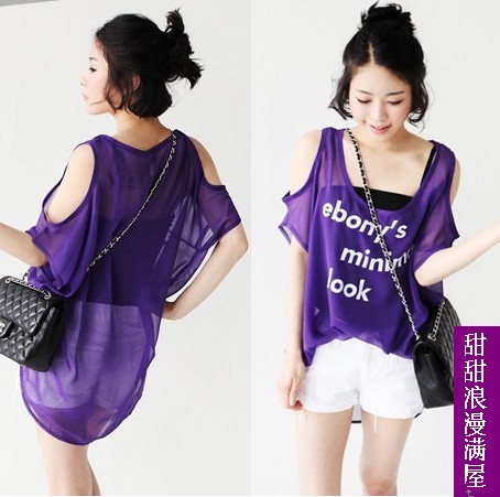 2013 summer women's personalized 463201 strapless thin perspective loose purple chiffon shirt