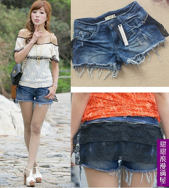 2013 summer women's retro 375210 finishing distrressed zipper lace denim shorts