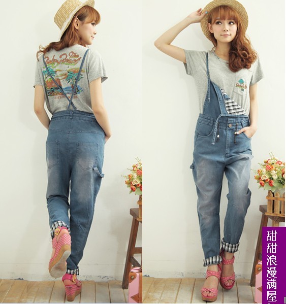 2013 summer women's roll up 379130 plaid hem tooling one piece suspenders trousers denim