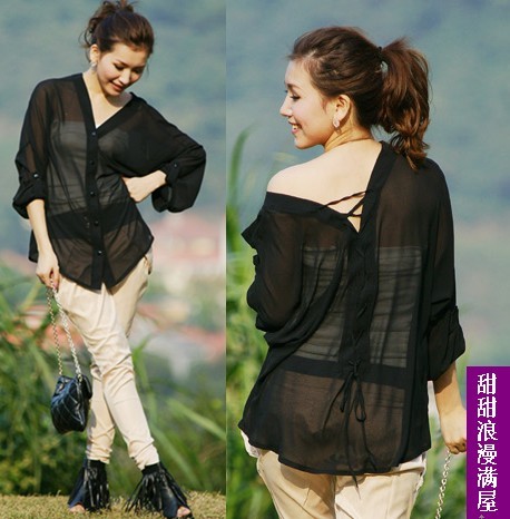 2013 summer women's the anteroposterior V-neck batwing sleeve back strap fashion silk shirt 37501