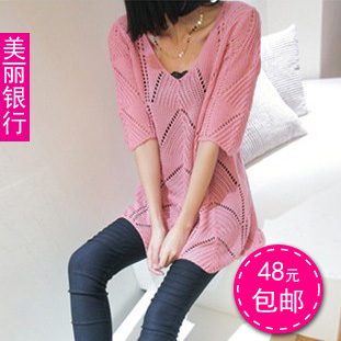 2013 summer women's V-neck fifth sleeve medium-long outerwear cutout loose sweater female