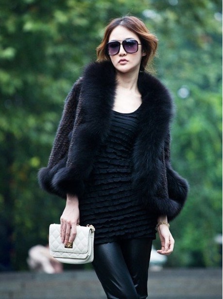 2013 Super Star Style  Lady Genuine Mink Hair Fur, Fox Fur Collar Cape/Shawl/Poncho /coat Three Quarter Free Size Free Shipping