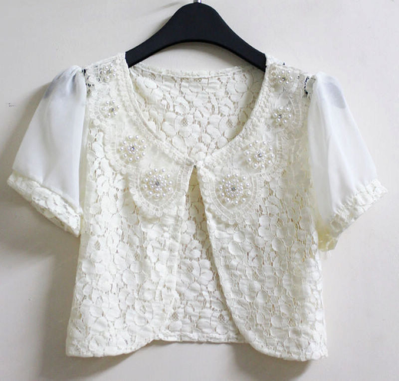 2013 sweet all-match diamond-studded lace beading chiffon short-sleeve small cape summer shrug outerwear cardigan