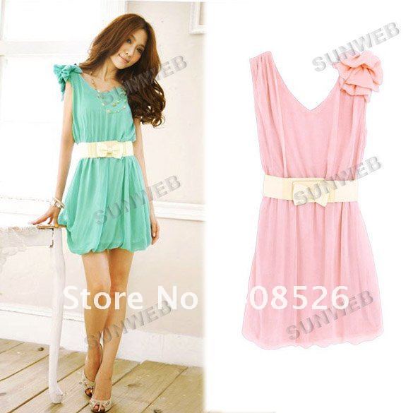 2013 Sweet Fashion Women's Lady Temperament Bowknot Chiffon Dress Color Pink, Green Free Shipping 7056