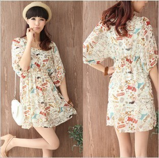 2013 sweet gentlewomen cartoon doodle o-neck short-sleeve female chiffon skirt one-piece dress