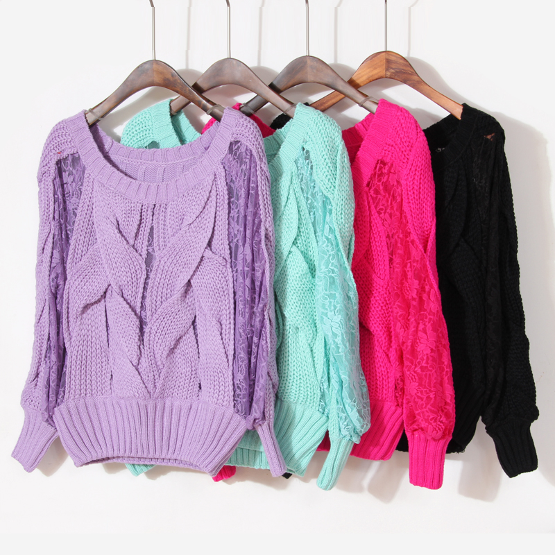 2013 thick yarn lace patchwork twisted o-neck pullover long-sleeve sweater   knitwear  beige white blue purple black rose