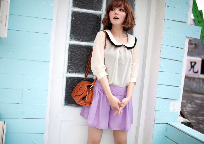 2013 Top Fashion Holiday Sale Chiffon Ruffled Collar Shirt And Shorts Two-Pieces Set Free Shipping 1707969xz