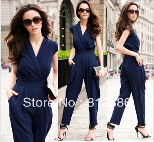 2013 Top fashion  women's Jumpsuits & Rompers slim sexy jumpsuit V Neck one piece overalls S,M,L blue red black free shipping