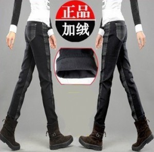 2013 trousers thickening plus velvet jeans plaid pencil pants female skinny pants