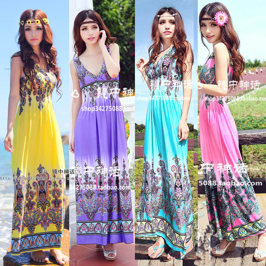 2013 V-neck slim one-piece dress beach  print sweet skirt sleeveless elegant bohemian dress