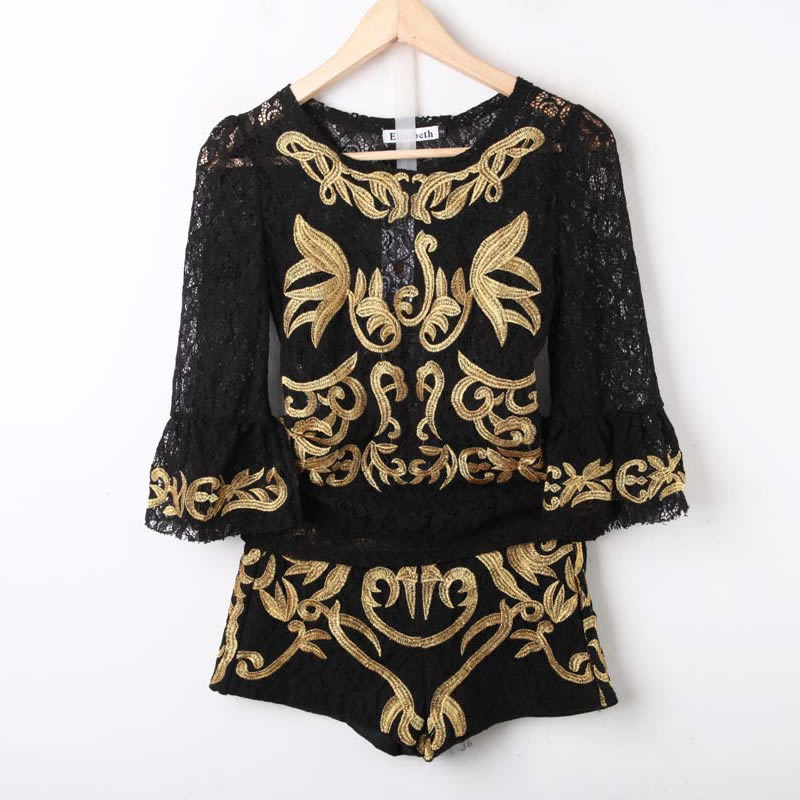 2013 vintage royal palace  court gold thread embroidery hollow lace tops + high-waist shorts two-piece set