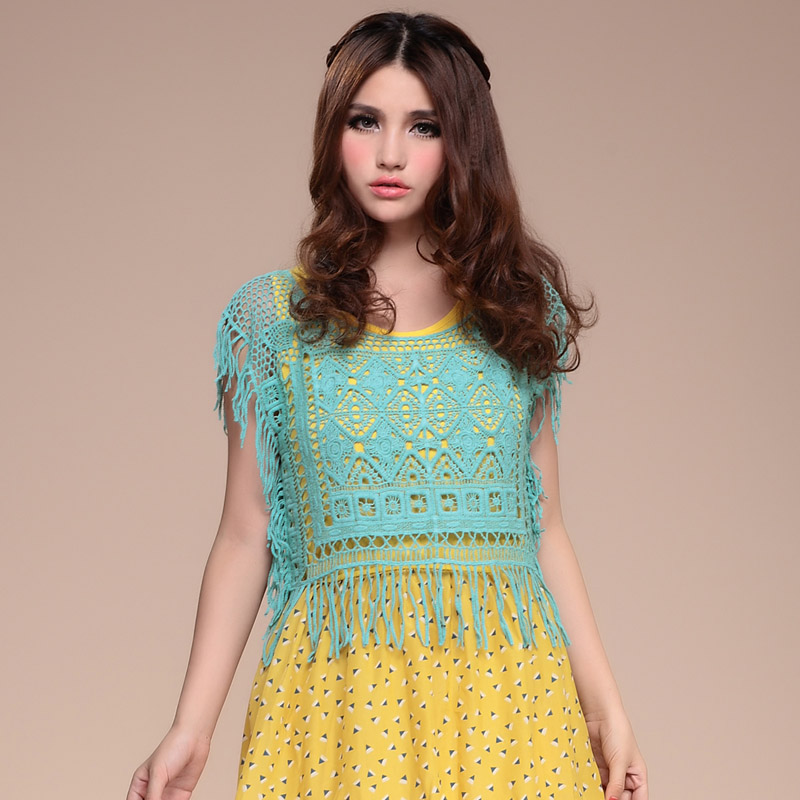 2013 vintage tassel 100% crochet cotton loose sleeveless cutout knitted short shirt