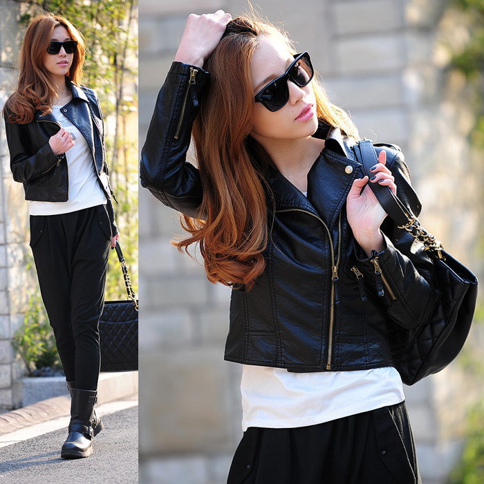 2013 water wash PU slim motorcycle leather clothing female short design jacket outerwear