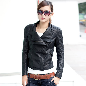 2013 water washed leather V-neck slim long-sleeve top outerwear