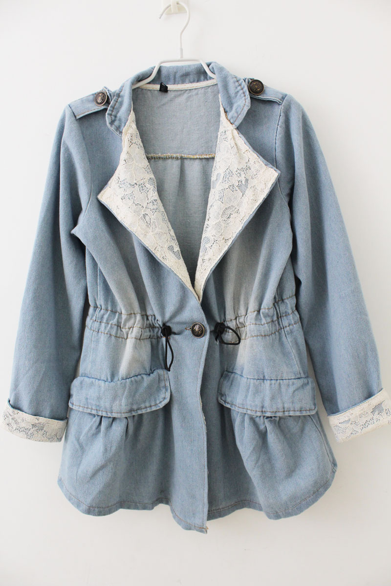 2013 wearing white lace trench slim waist long-sleeve medium-long denim outerwear trench cardigan casual shirt