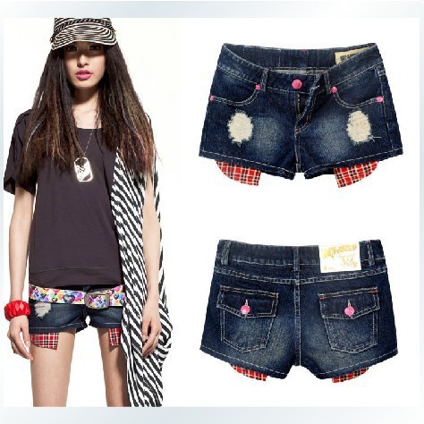 2013 Wholesale 10pcs Fashion Lady Han edition jeans short women jeans shorts Grid pocket jeans short pants free shipping