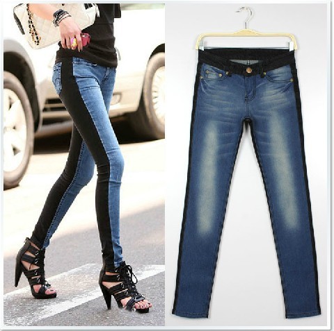 2013 Wholesale 10pcs women patchwork tight personalized skinny jeans trousers low waist pencil pants for women free shipping