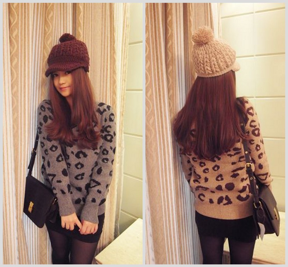 2013 Winter and Spring Japan Stylished Woman Leopard Long sleeve O-Neck Knitwear Sweater Loose fit Grey khaki Free shipping