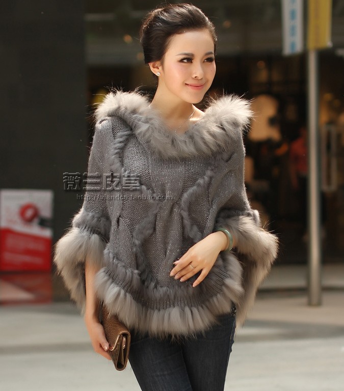 2013 winter Fashion Lady Hand Knitting Coat Genuine Racoon Fur Cape/Shawl/Poncho/coat With Hoody  Free Shipping