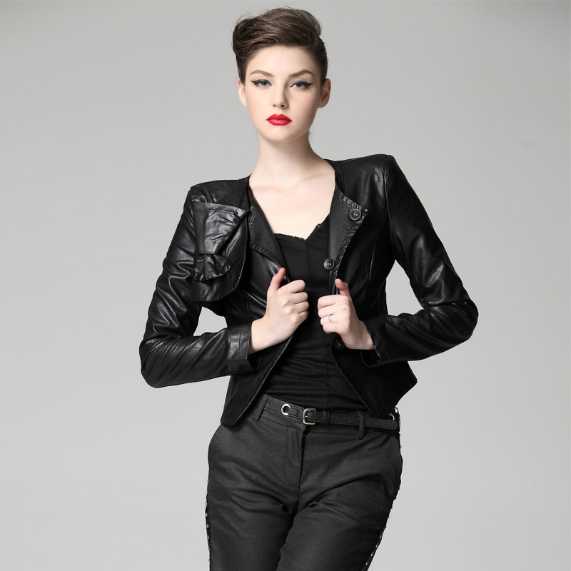 2013 winter fashion women's slim single breasted outerwear bow decoration small leather clothing Women