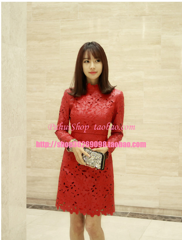 2013 winter faux leather flower red festive of a lady formal dress one-piece dress