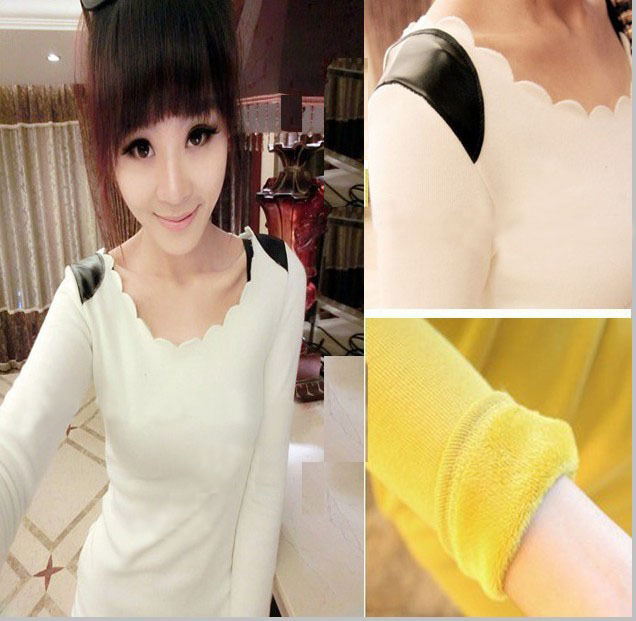 2013  Winter Female All-match Color Block Decoration Leather Wave Laciness Plus Velvet Thermal Slim Basic One-piece