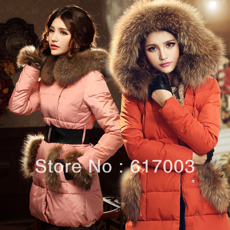 2013 winter large fur collar women coat long design slim down coat