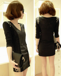 2013 winter new arrival slim lace faux leather long-sleeve women's handbag sexy basic autumn and winter one-piece dress EQ604