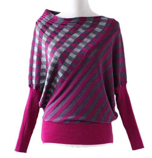 2013 Winter Spring Ladies Batwing Long sleeve Plaid Cross Sweater Stripe O-Neck Knit Outwear Four Candy color