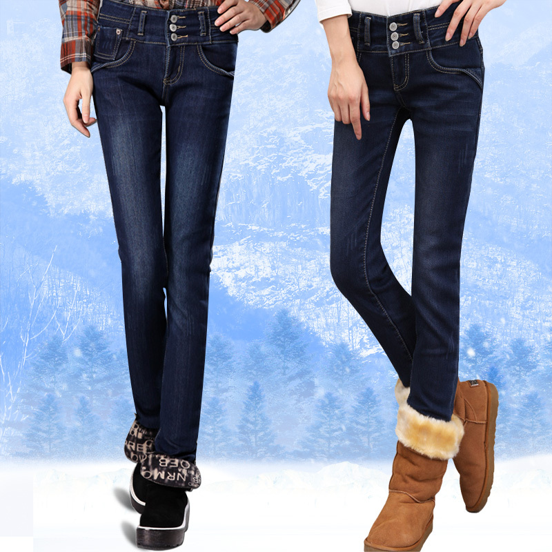 2013 Winter thickening plus velvet jeans buttons pencil pants mid waist trousers boots trousers