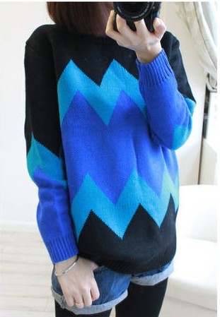 2013 winter vintage multicolour wave geometry color block loose thickening sweater female