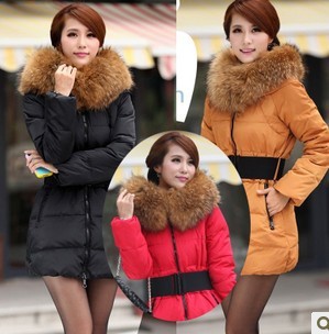 2013 Winter Women Fashion luxury large fur collar slim thickening medium-long down coat wadded jacket outerwear 6 Size 5 Color