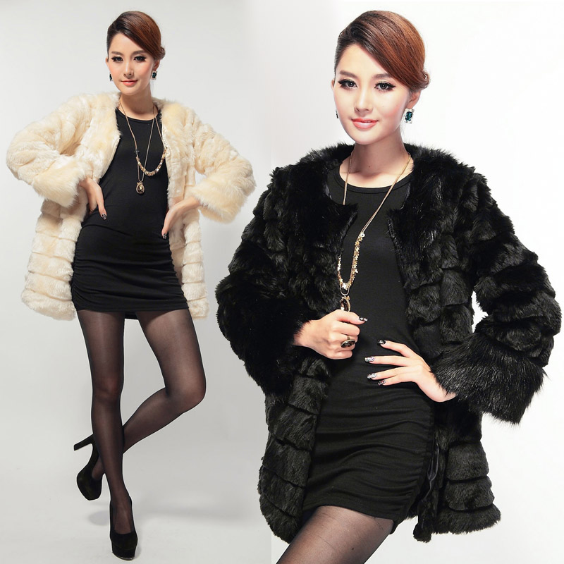 2013 winter women's high quality fox fur patchwork rabbit fur stripe medium-long fur coat female free shipping