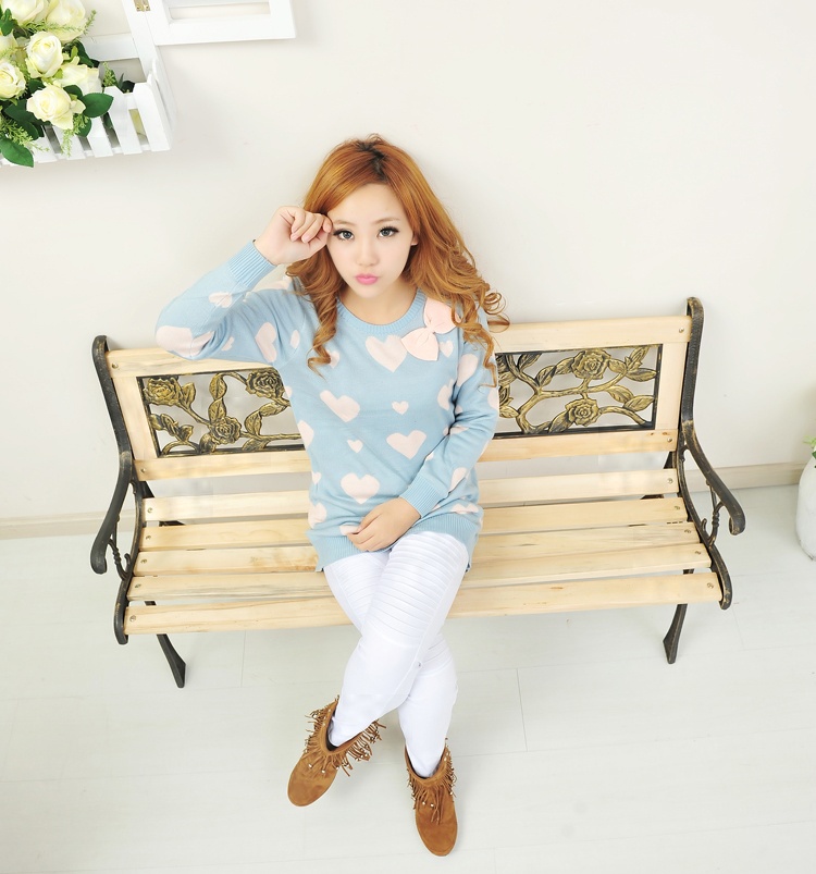 2013 winter women's new arrival medium-long long-sleeve bow love sweater basic shirt top (WC005)