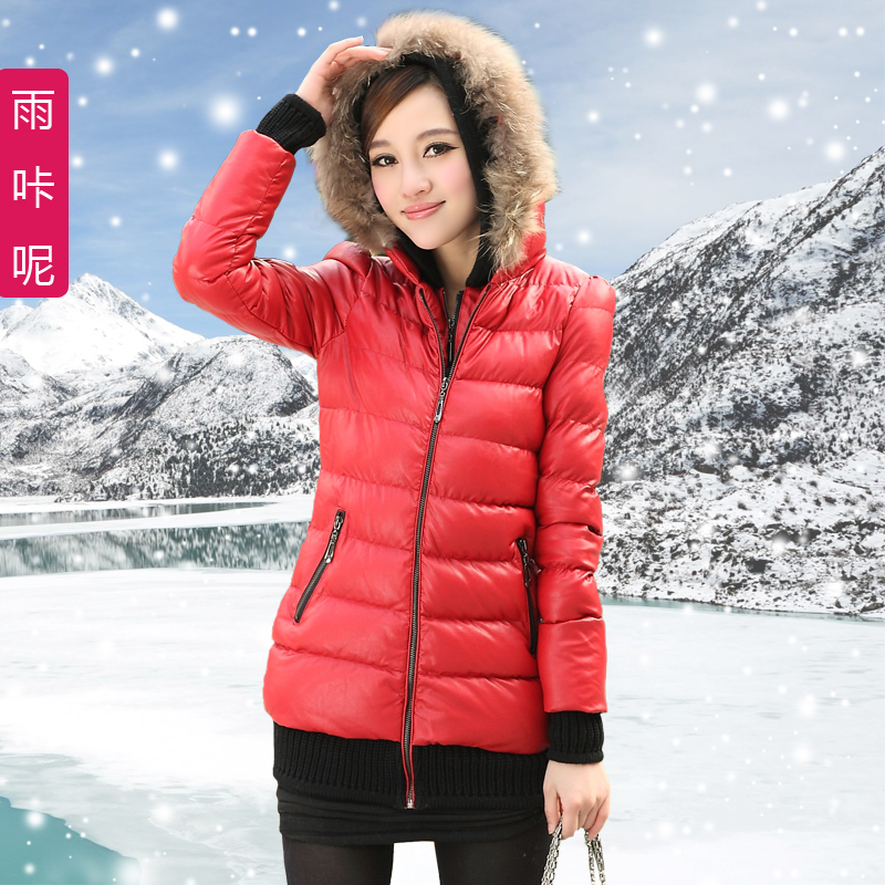 2013 winter women's slim PU wadded jacket female medium-long patchwork cotton-padded jacket thickening thermal cotton-padded