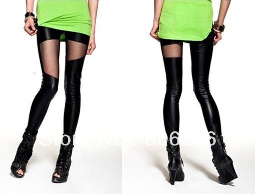 2013 Women Black Faux Leather Look Metallic Punk Skinny Leggings/Tights  A2376