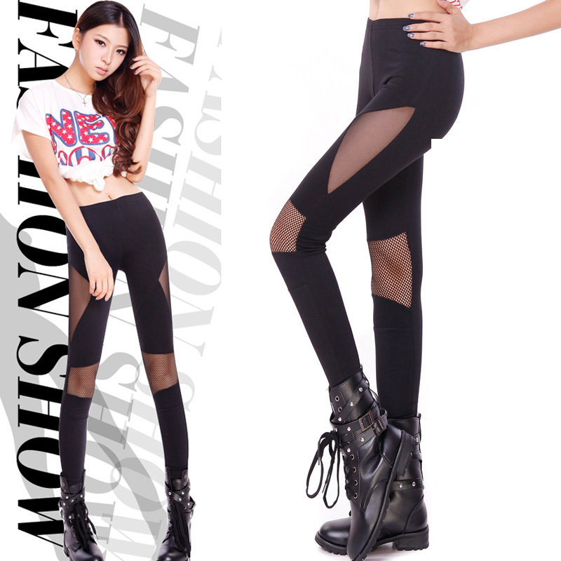 2013 Women Black Yarn+Leather Look Sexy Metallic Punk Skinny Leggings/Tights 2PCS/LOT FREE SHIPPING